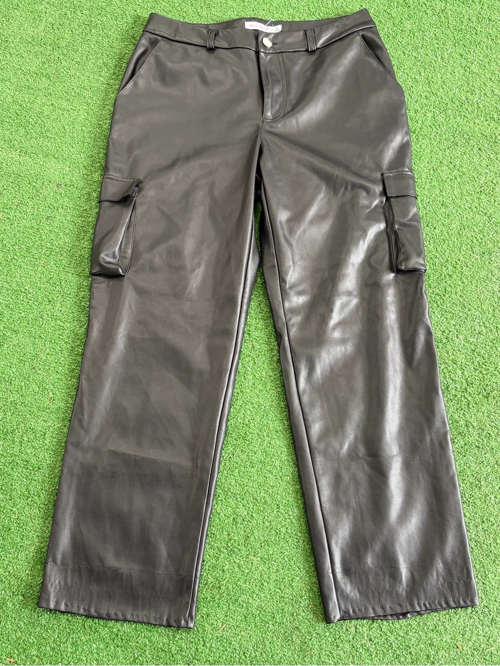 Shoe Dazzle Black Faux Leather Wide-Leg Cargo Pants